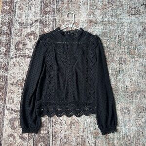 Endless Rose Black Lace-Trim Long Sleeve Blouse
